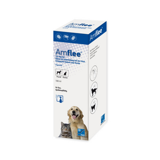 Amflee Spray für Hunde und Katzen gegen Flöhe und Zecken.